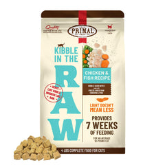 Primal Kibble En Crudo, bolsa abierta, listo para alimentar sin descongelar.