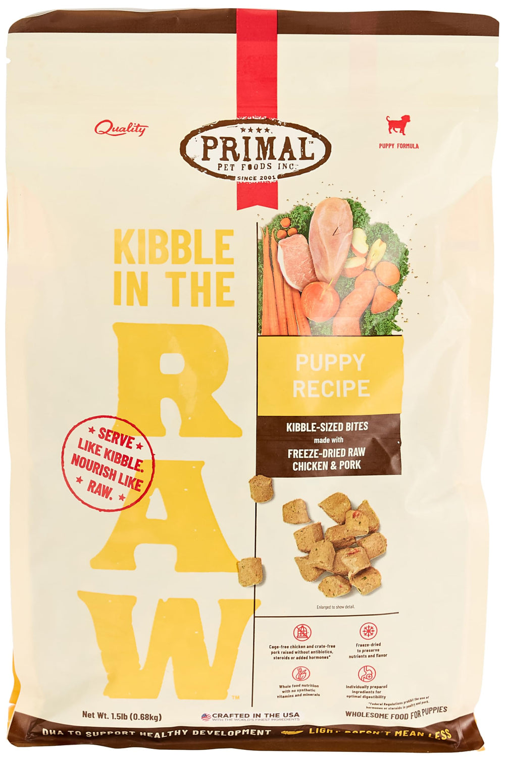 Primal Kibble en Crudo: ingredientes naturales como zanahorias y manzanas