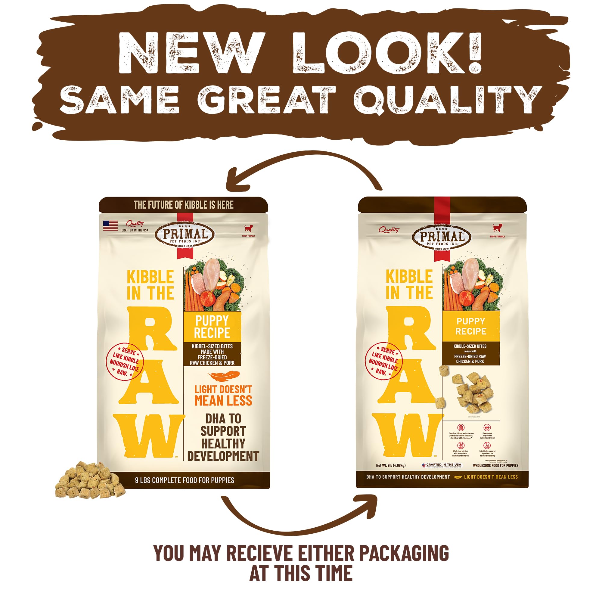 Primal Kibble en la Cruda, bolsa de 4,1 kg: tamaño práctico para hogares con cachorros.
