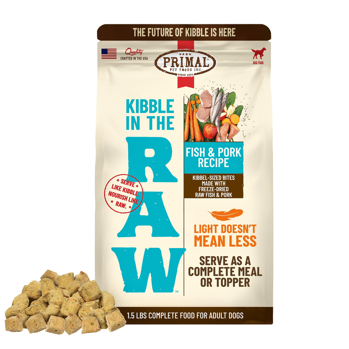 Primal Kibble in the Raw: bolsa de 1.5 lb lista para servir sin preparación.