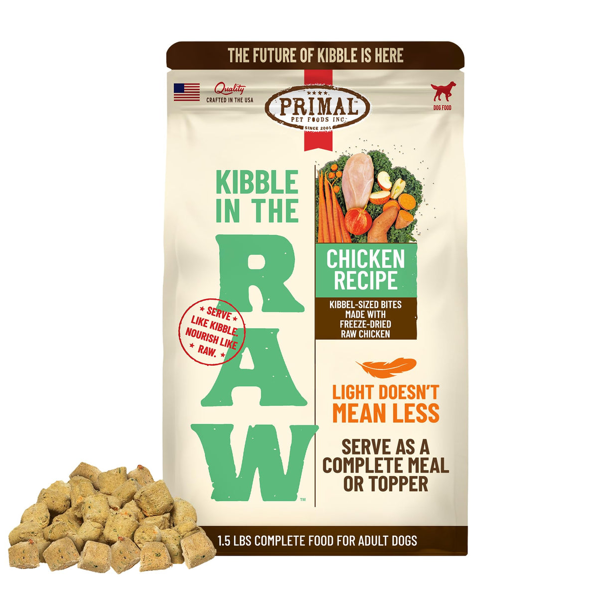 Primal Kibble in The Raw, bolsa 1.5 lb, alimento práctico y nutritivo.