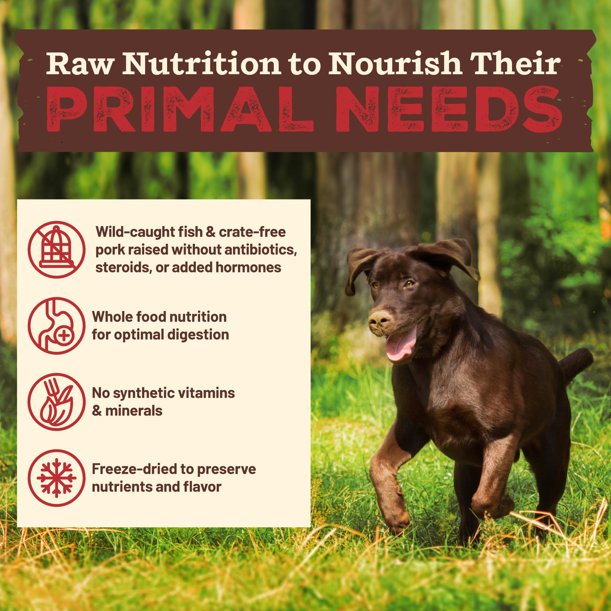 Primal Kibble ingredientes naturales con verduras, sin vitaminas sintéticas.