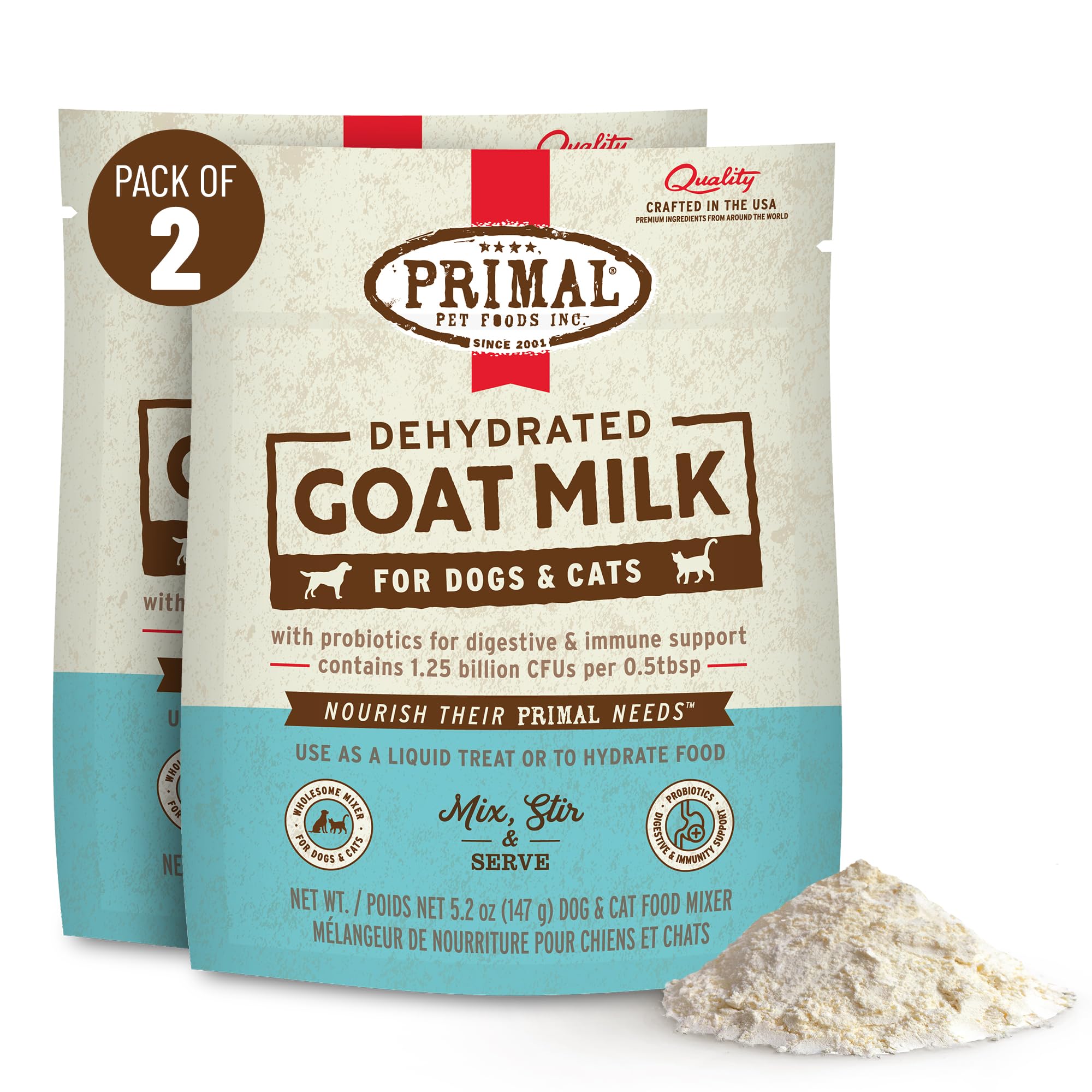 Primal Goat Milk Powder en botella, facilita la hidratación diaria de mascotas.