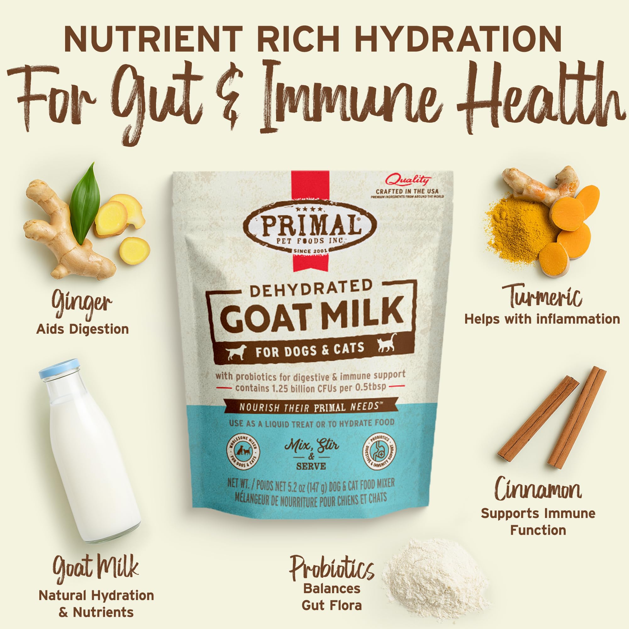 Mezclar Primal Goat Milk Powder con agua tibia para topper cremoso.