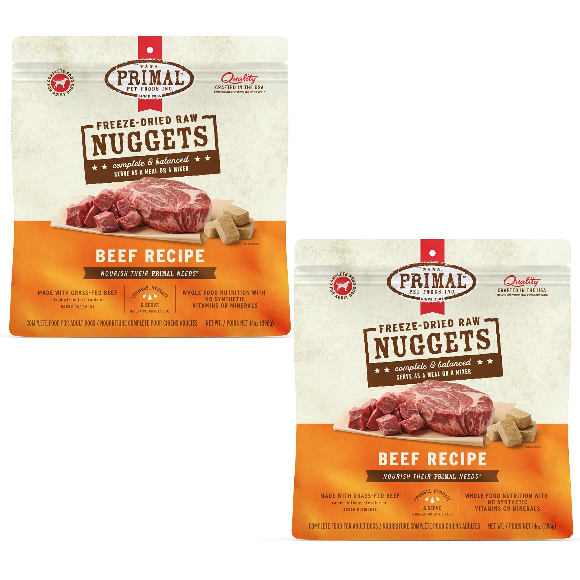 Primal Nuggets carne res liofilizada para perros, crujientes y sabrosas.