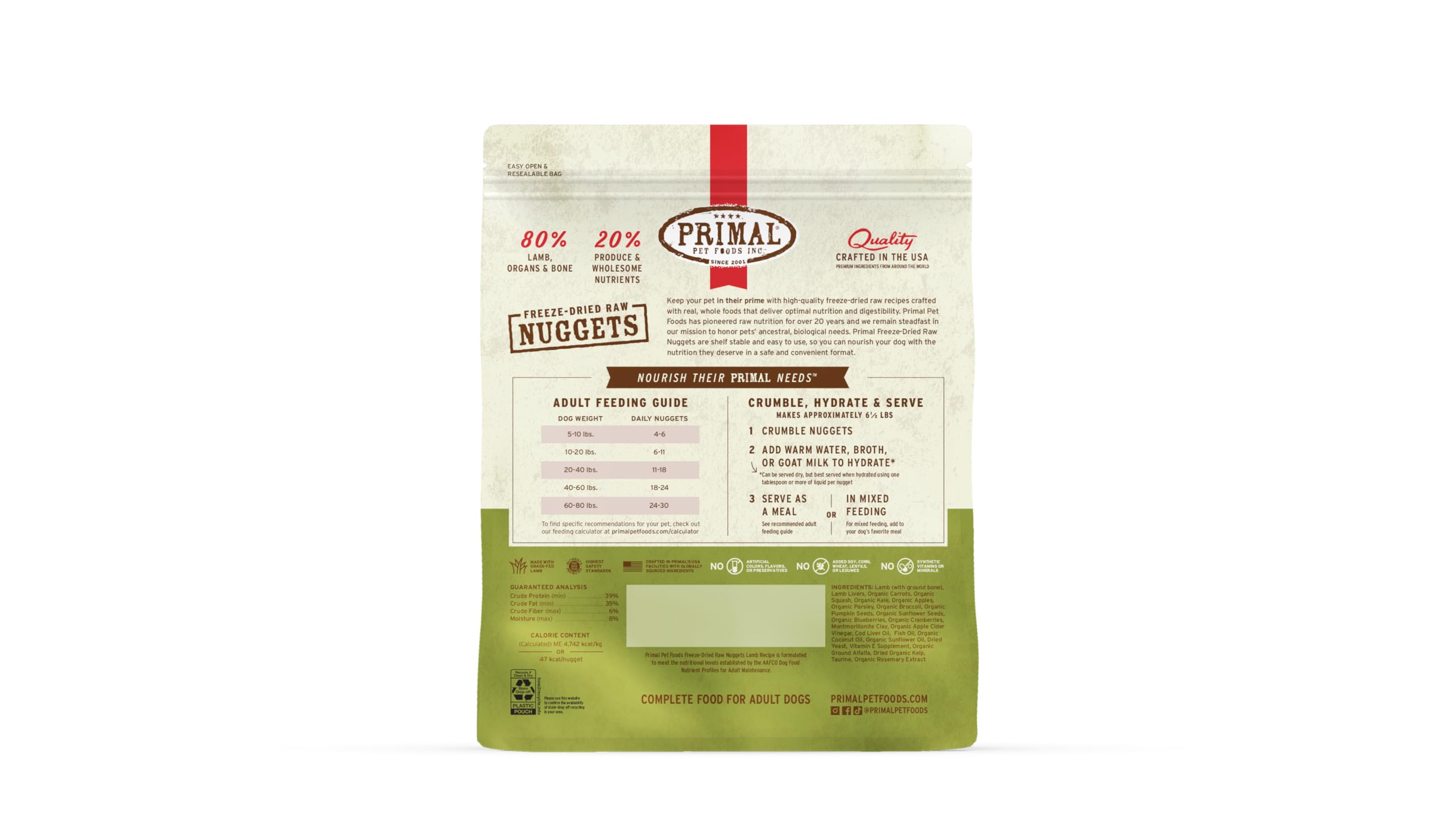 Nuggets orgánicos Primal, certificado USDA para perros activos.