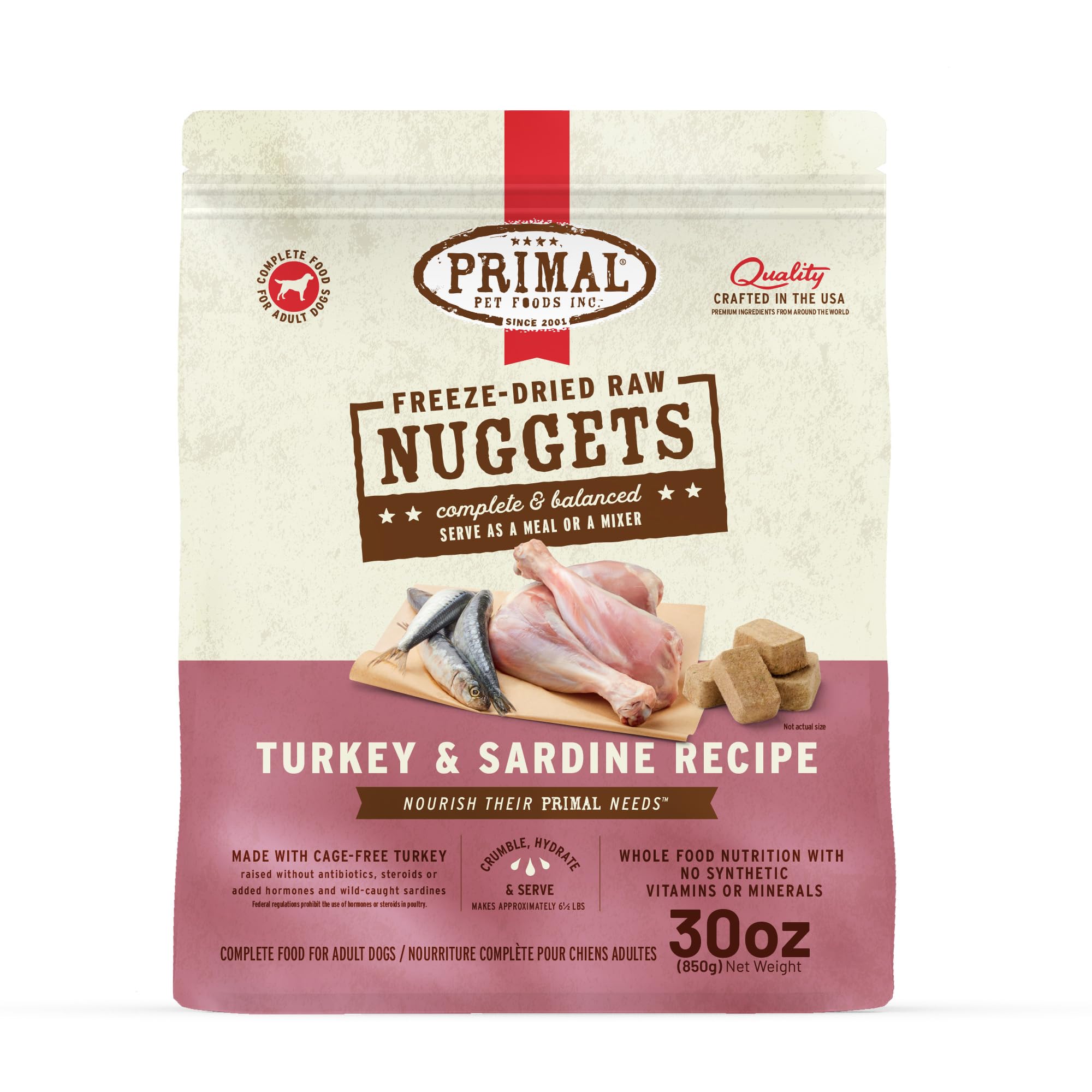 Primal bocaditos deshidratados de pavo y sardina para perros, opción completa de nutrición.