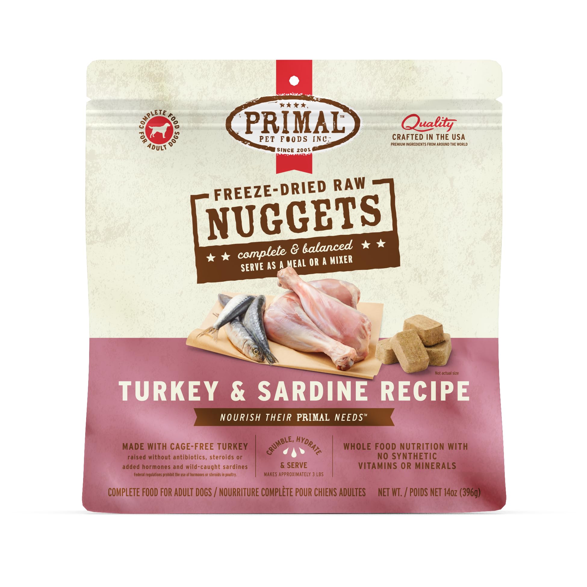 Primal Nuggets pavo y sardina en bolsa, ideal para consumo diario.