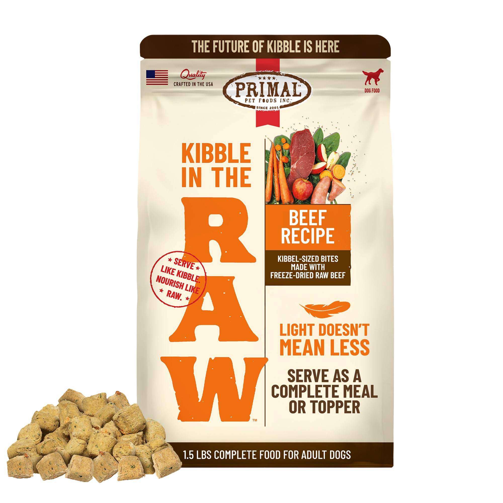 Primal Pet Foods, bolsa de 1,5 libras, kibble crudo para conveniencia diaria.