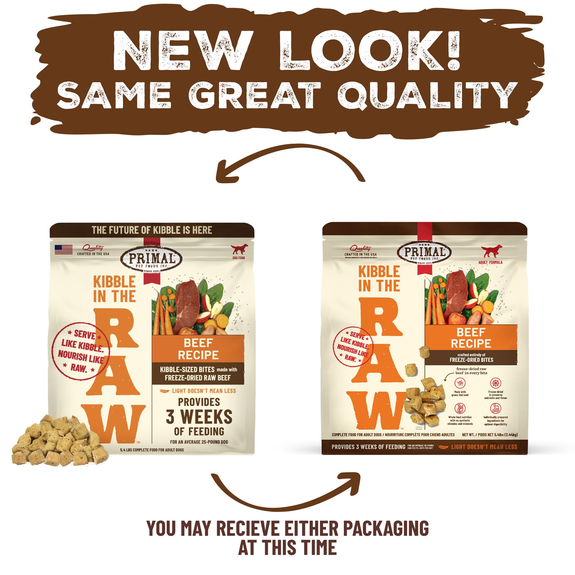 Primal Pet Foods Kibble en la Cruda, hecho en eeuu con control de calidad local.
