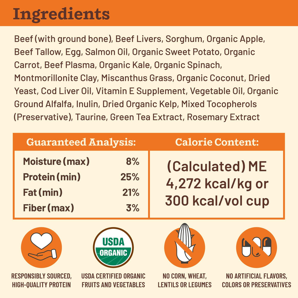 Primal Pet Foods Kibble en la Cruda, res alimentada con pasto y proteína de calidad.