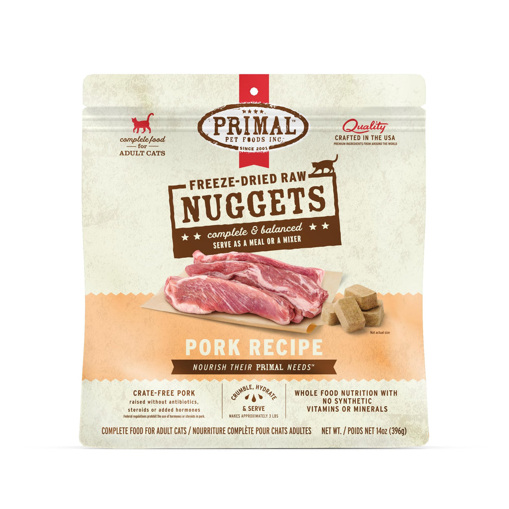 Primal Pet Foods, paquete de trozos liofilizados de cerdo, opción premium para dieta balanceada.