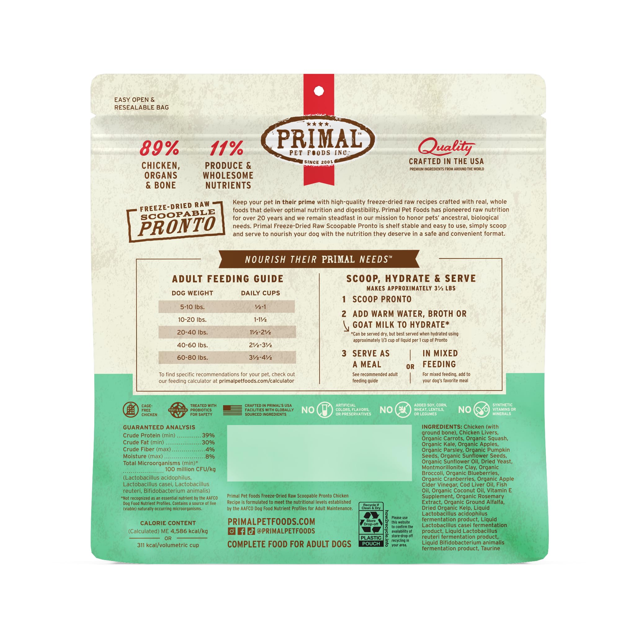Primal Pet Foods Pronto Mini Nuggets pollo, sin maíz, trigo ni soja.