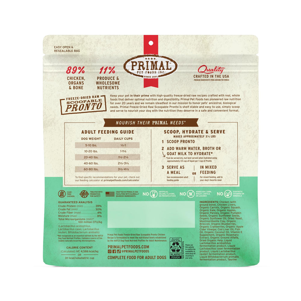 Primal Pet Foods Pronto Mini Nuggets pollo, sin maíz, trigo ni soja.
