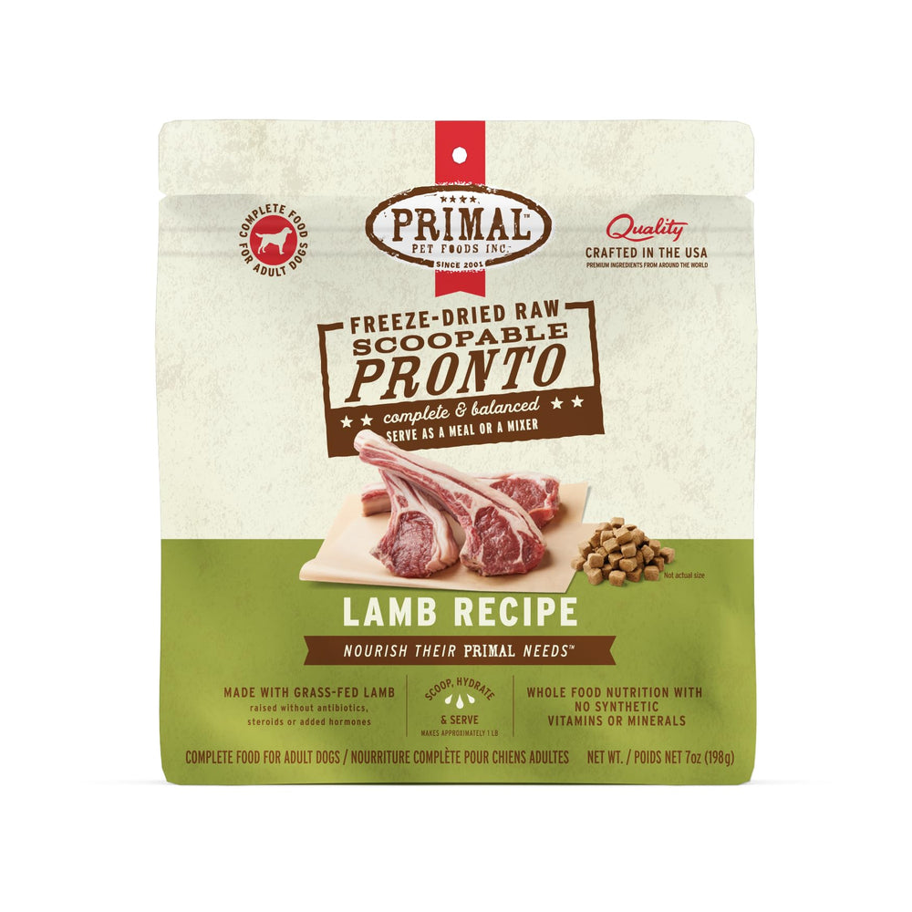 Primal Pet Foods Pronto Mini Nuggets cordero, crocantes bocados para comida completa.