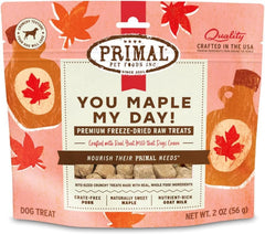 Primal Pet Foods trozos cerdo-maple leche cabra: snack sabroso para perros activos.