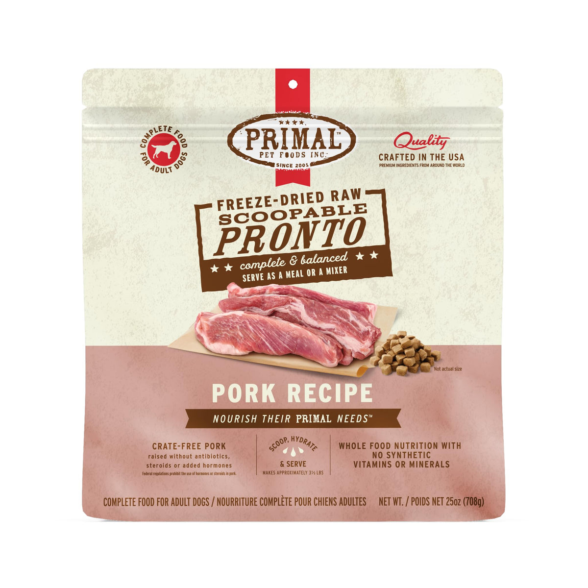 Primal Pronto Mini Nuggets cerdo en plato, alimento completo para perros.