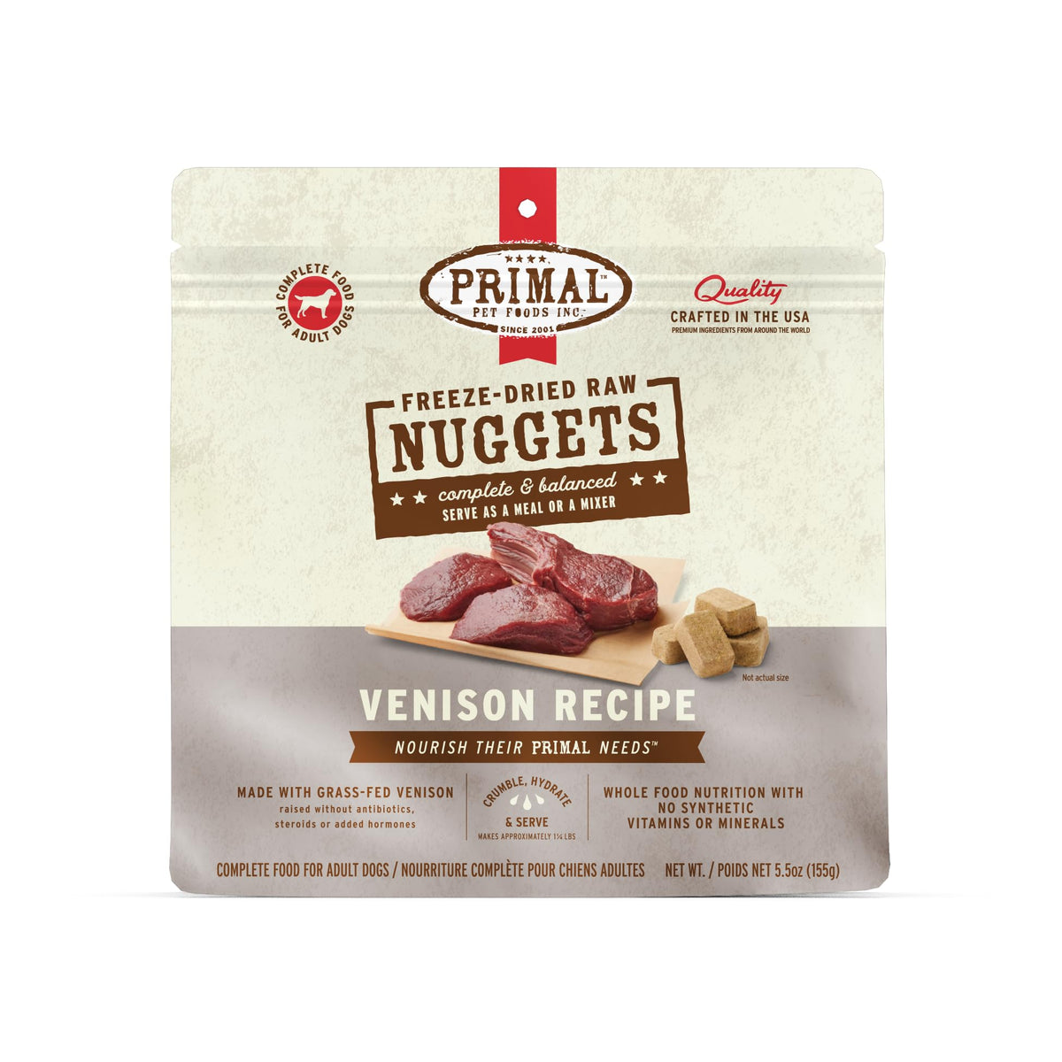 Primal Venado Frizados Nuggets bolsa: comida completa de alto rendimiento para perros.