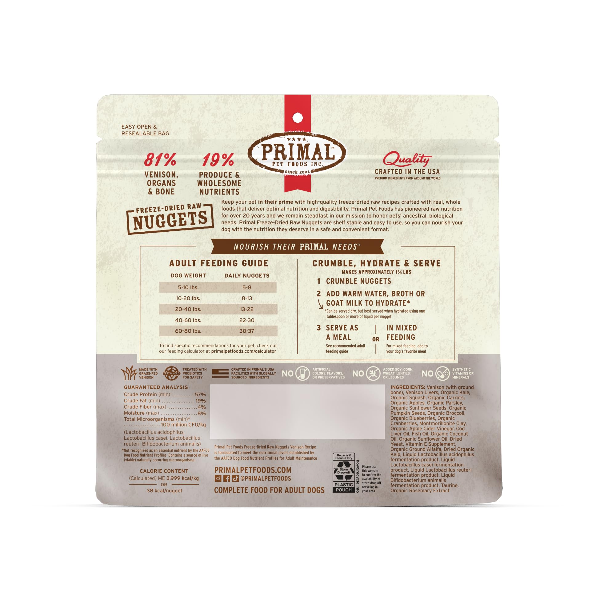 Primal Venado Frizados Nuggets hecho en EE. UU.: ingredientes de origen real.