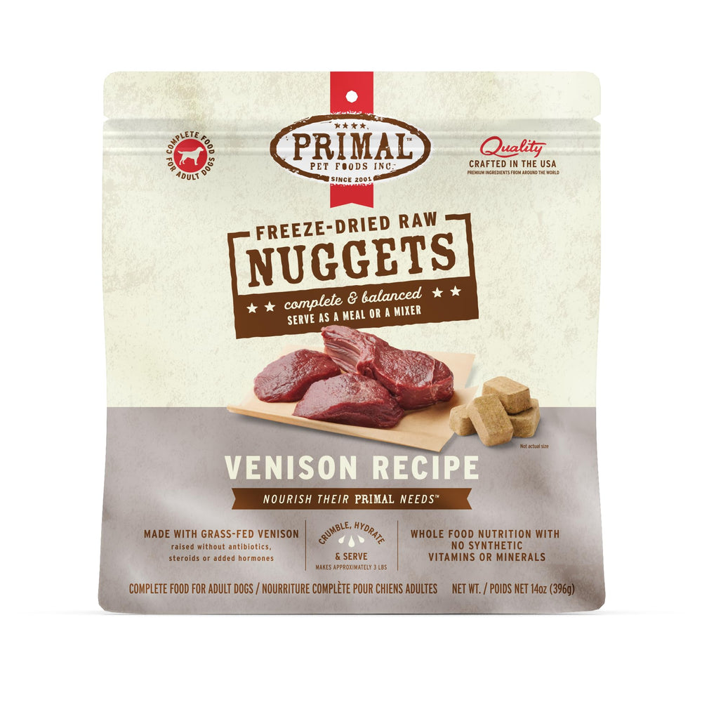 Primal Venison Nuggets envase abierto, porciones listas para servir.