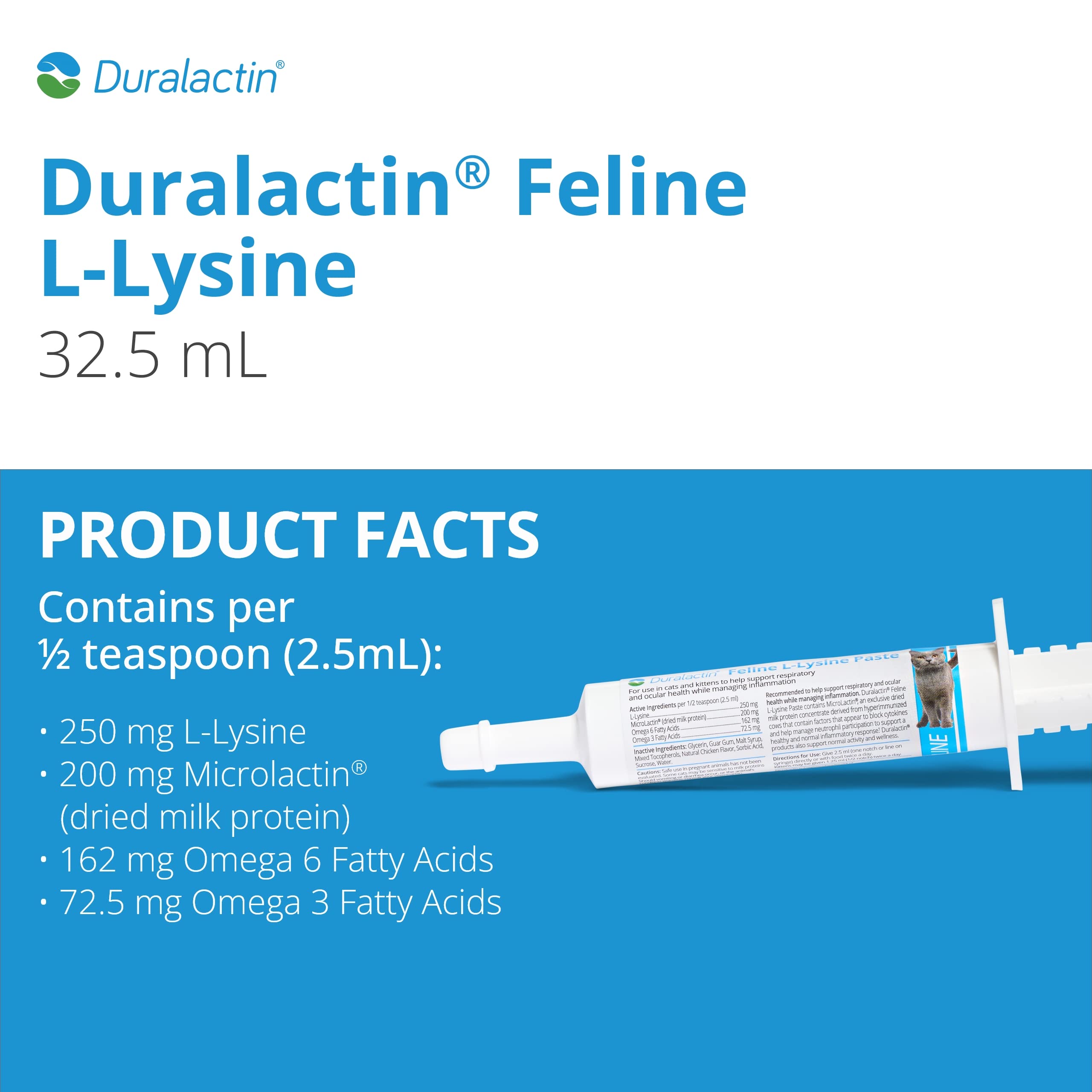 Jeringa de dosificación de Duralactin para felinos, dosis precisa.
