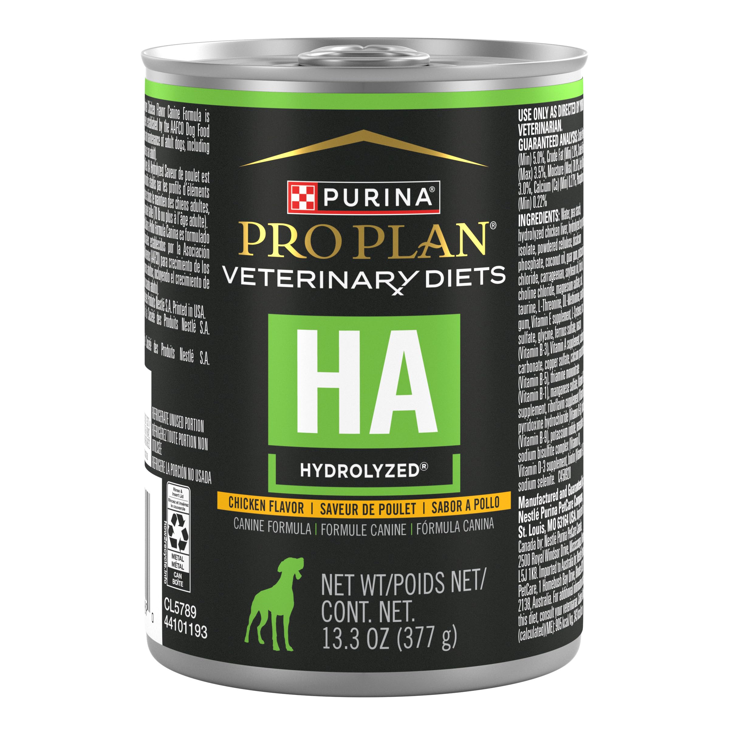 Purina Pro Plan Veterinary Diets HA hidrolizado pollo, lata de 13-3oz, opción suave para estómagos sensibles.