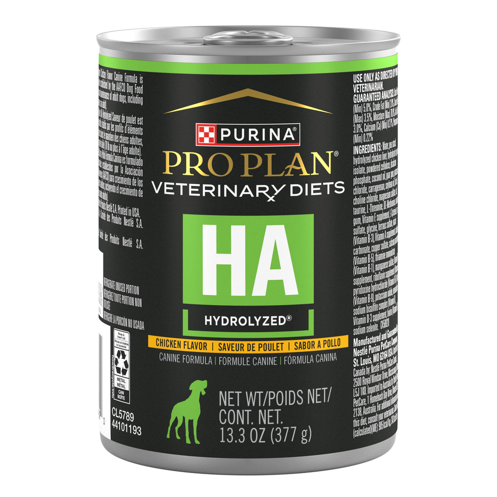 Purina Pro Plan Veterinary Diets HA hidrolizado pollo, lata de 13-3oz, opción suave para estómagos sensibles.