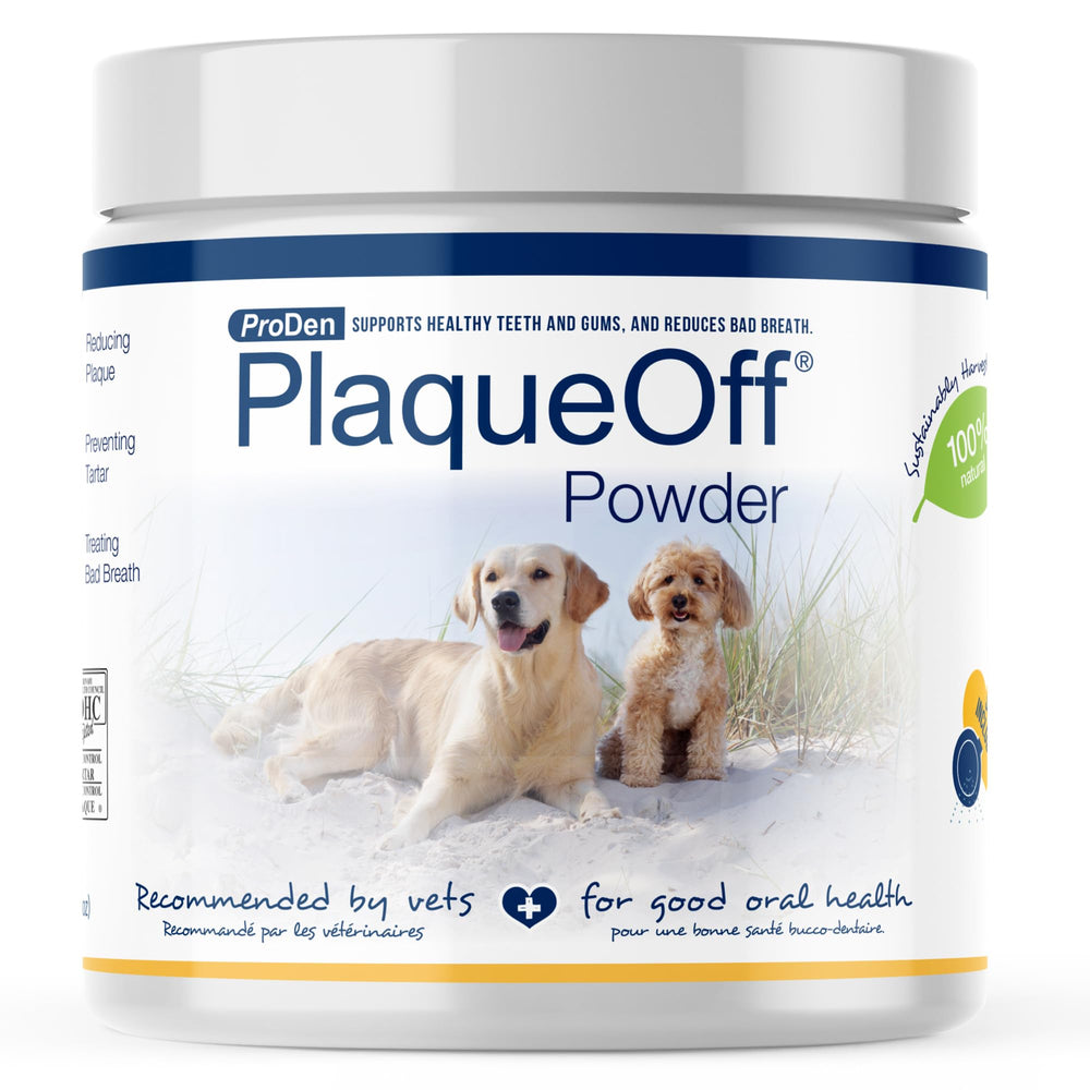 ProDen PlaqueOff bote 420 g para cuidado dental diario de perros y gatos.