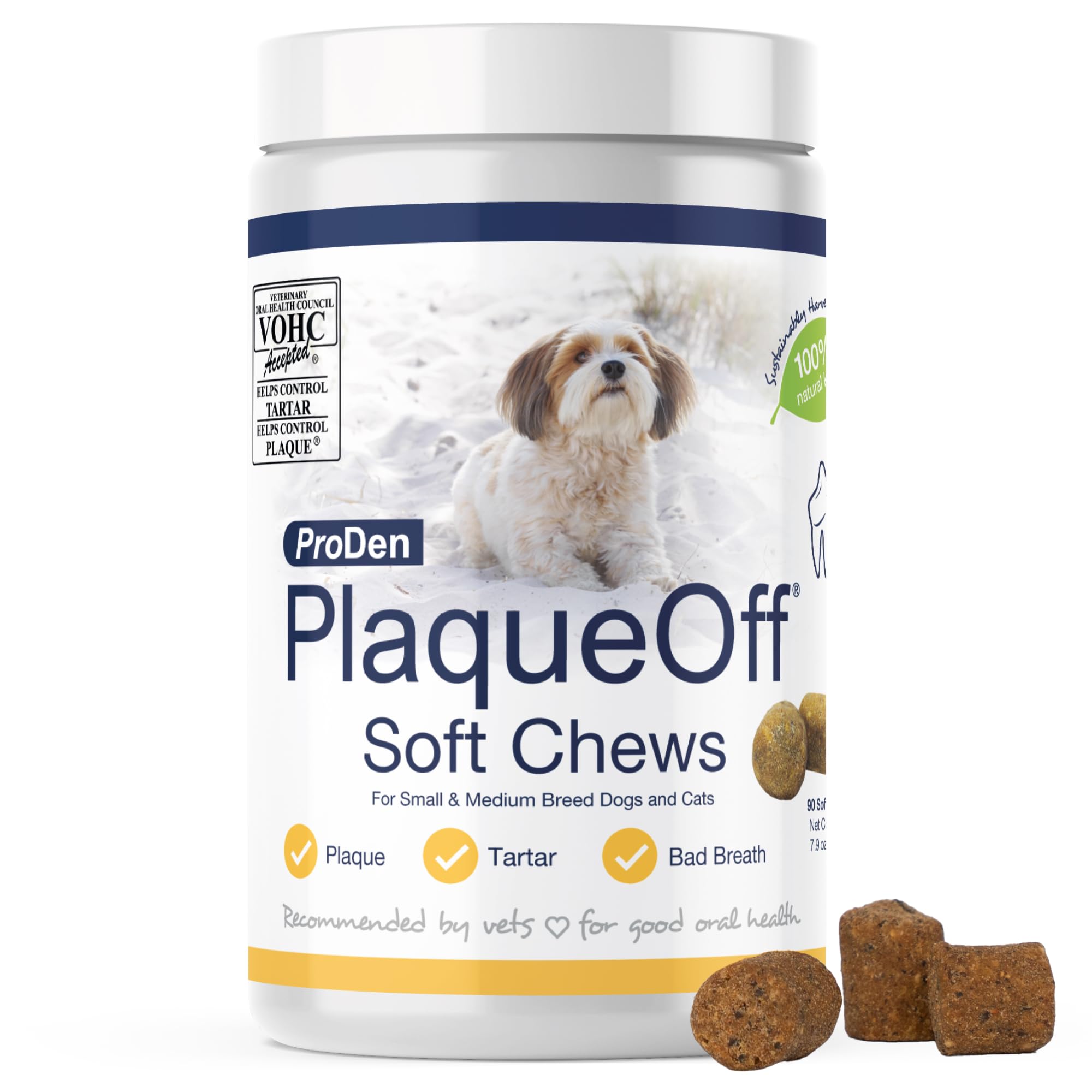 ProDen PlaqueOff Soft Chews en bote, ideal para almacenamiento y uso diario.