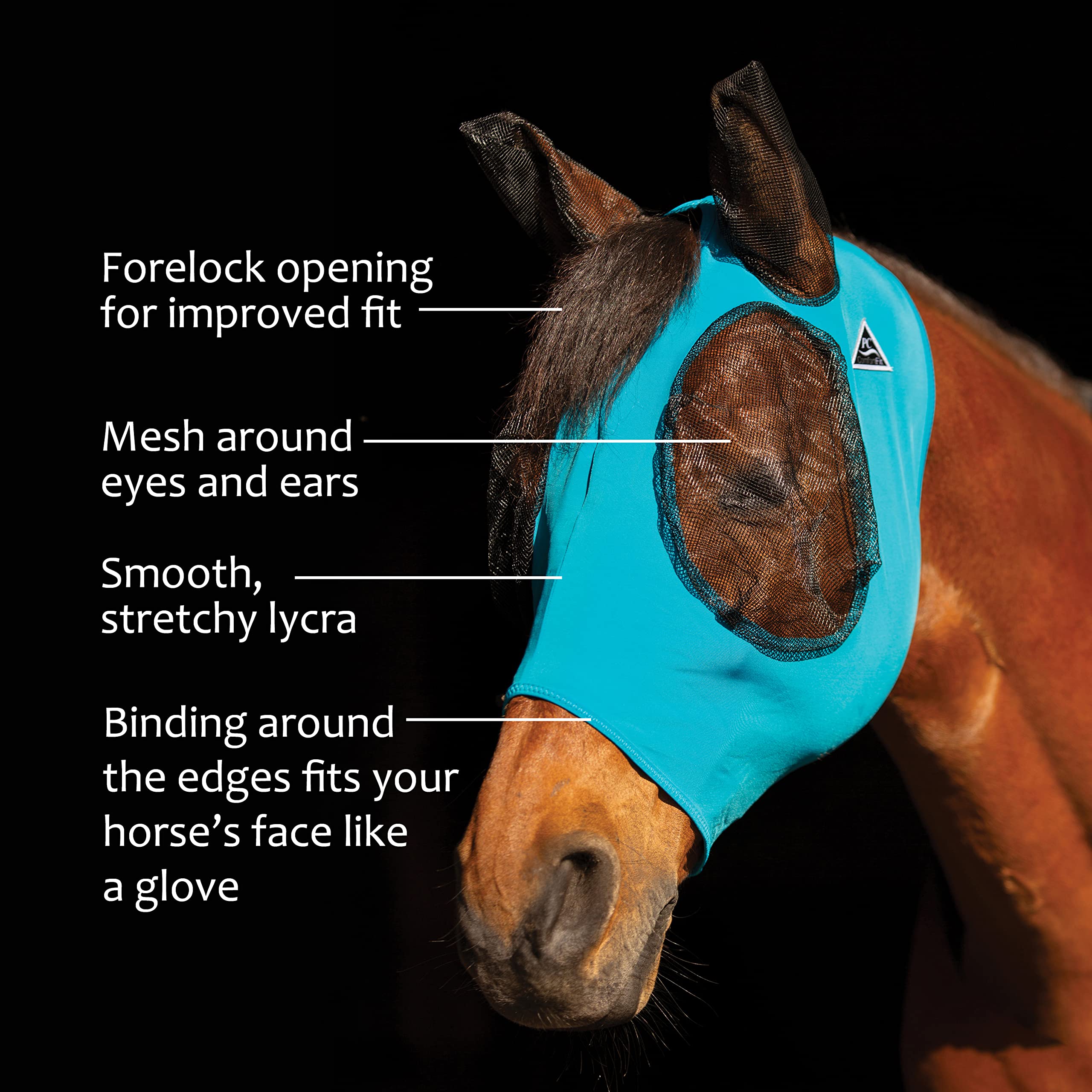 Professional's Choice Comfort Fit Fly Mask Azul Pacífico borde ergonómico para ajuste cómodo en la cara del caballo