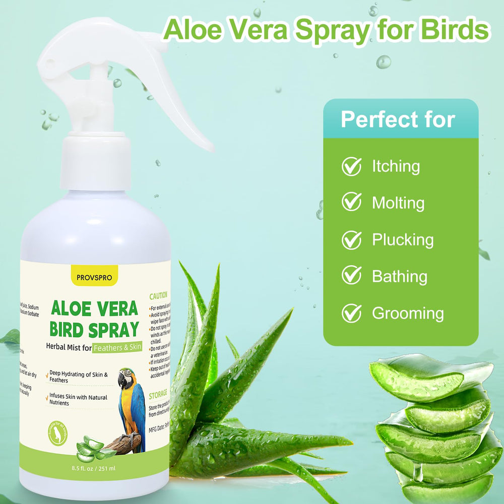 provspro rociador de Aloe Vera para aves, favorece el crecimiento de plumas manteniendo la humedad.