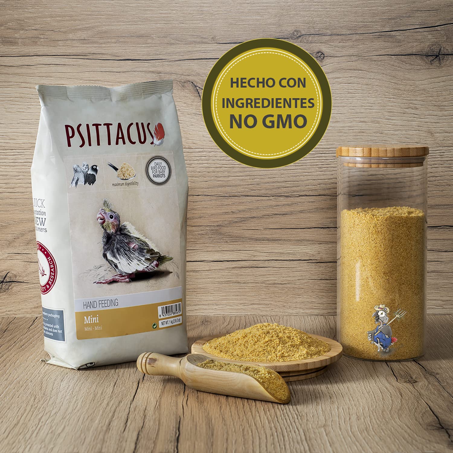 Producto terminado Psittacus Mini, alimento premium para loros jóvenes.