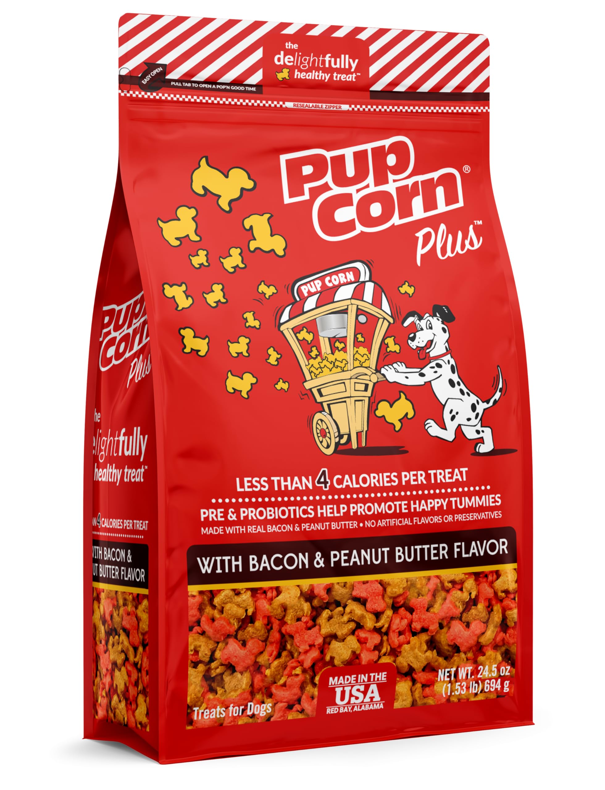 Pup Corn Plus bocaditos crujientes con tocino y cacahuete para premiar.