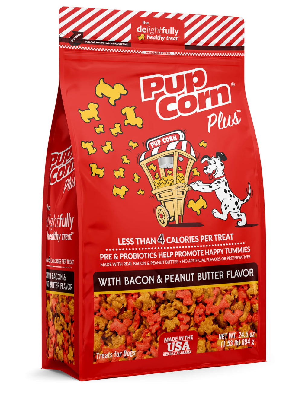 Pup Corn Plus bocaditos crujientes con tocino y cacahuete para premiar.