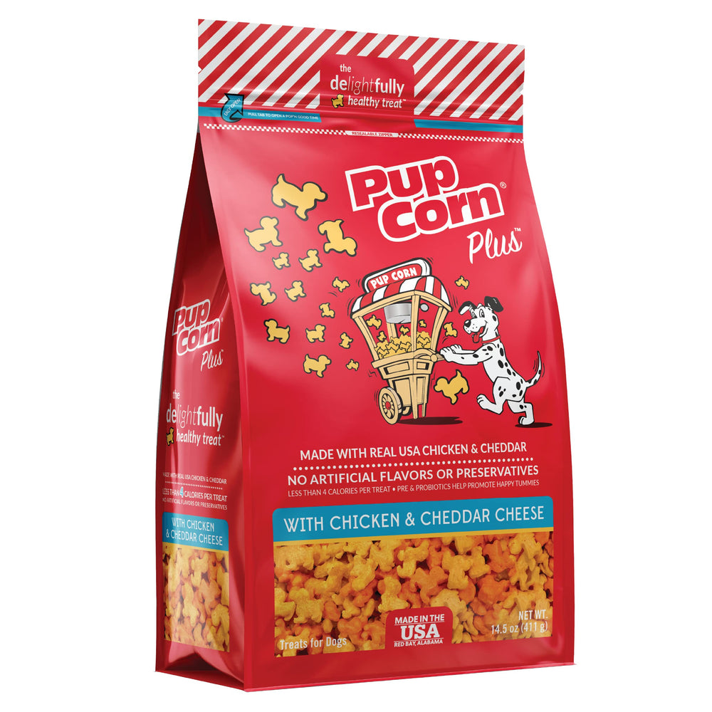 Pup Corn Plus: trato pollo-queso cheddar, textura aireada, snack ligero