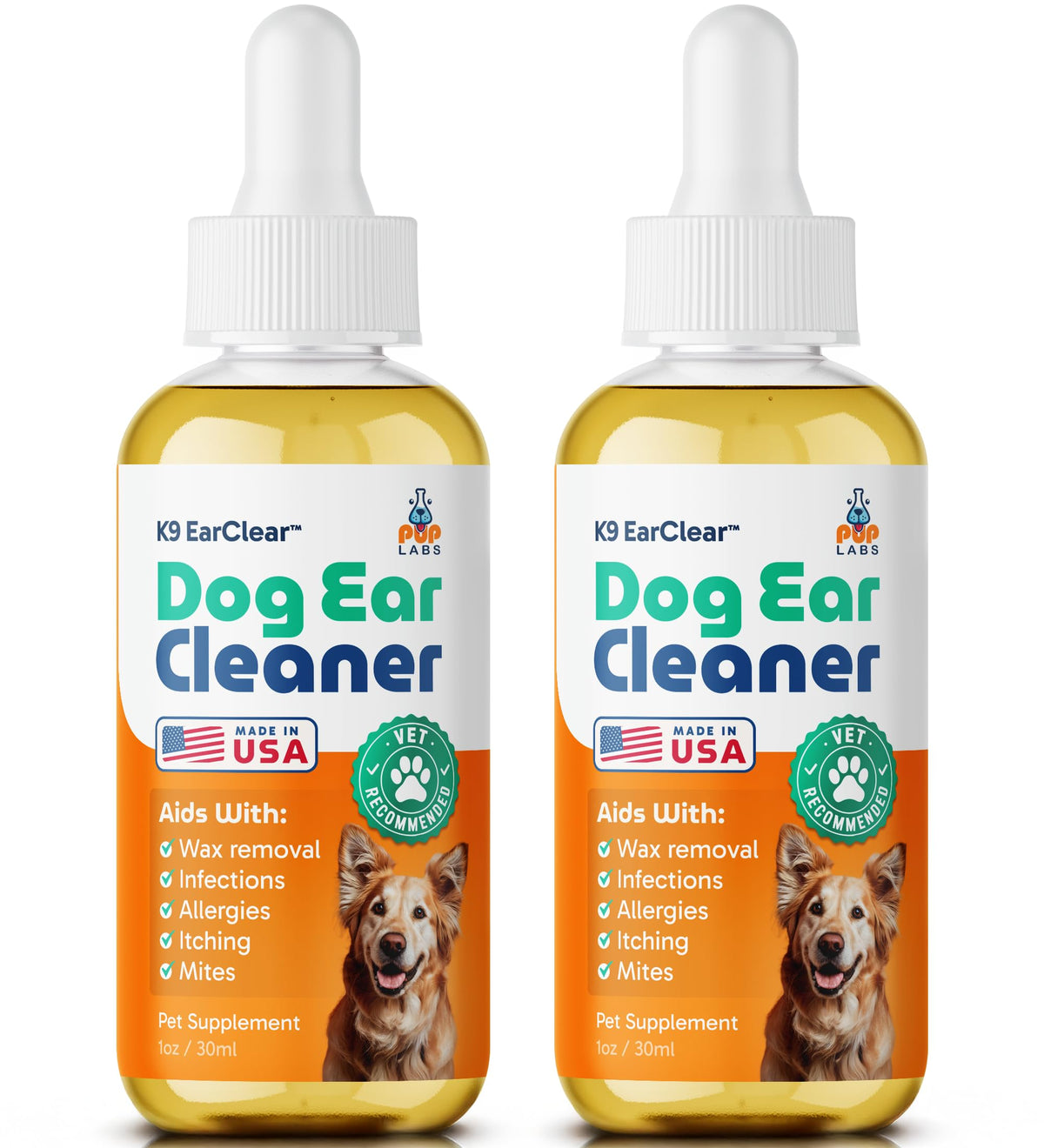 Pup Labs Ear Clear botella frontal para limpieza suave de oídos.