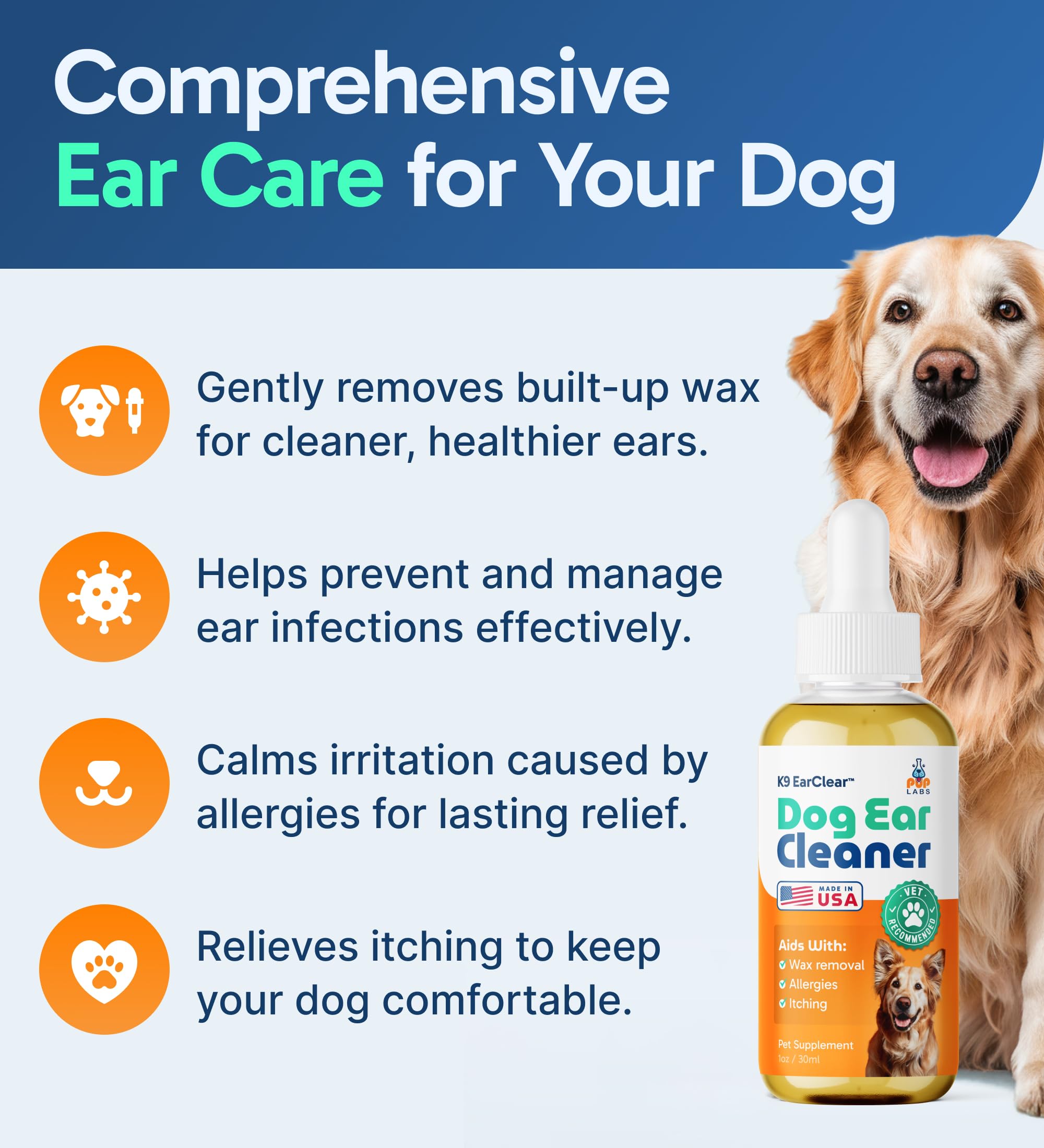 Pup Labs Ear Clear empaque visible, ideal para cuidado diario.