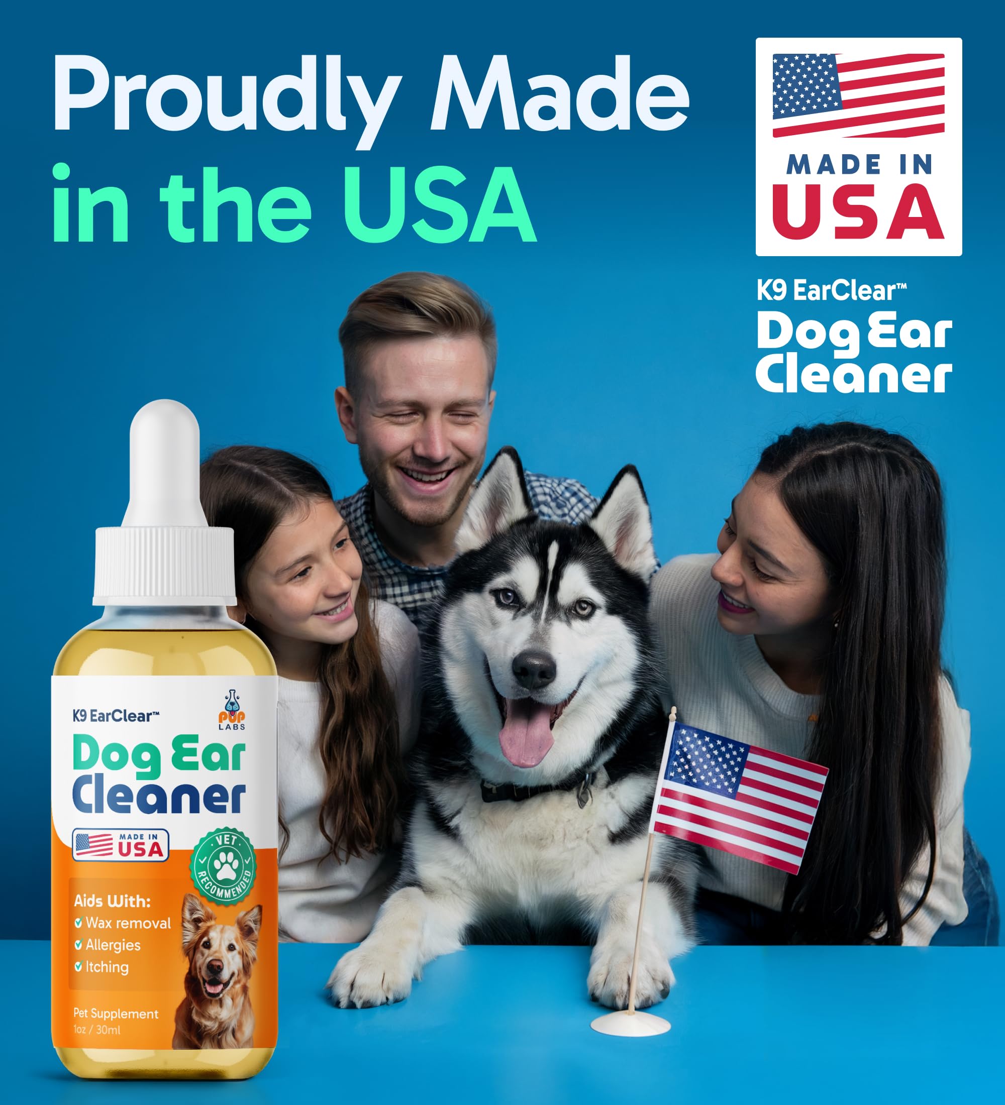 Pup Labs Ear Clear panel de ingredientes y beneficios.