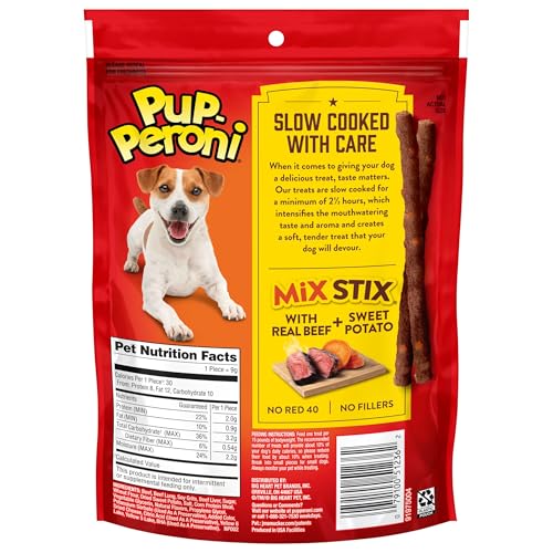 Pup-Peroni Mix Stix con batata dulce real, premio sabroso para snack diario.