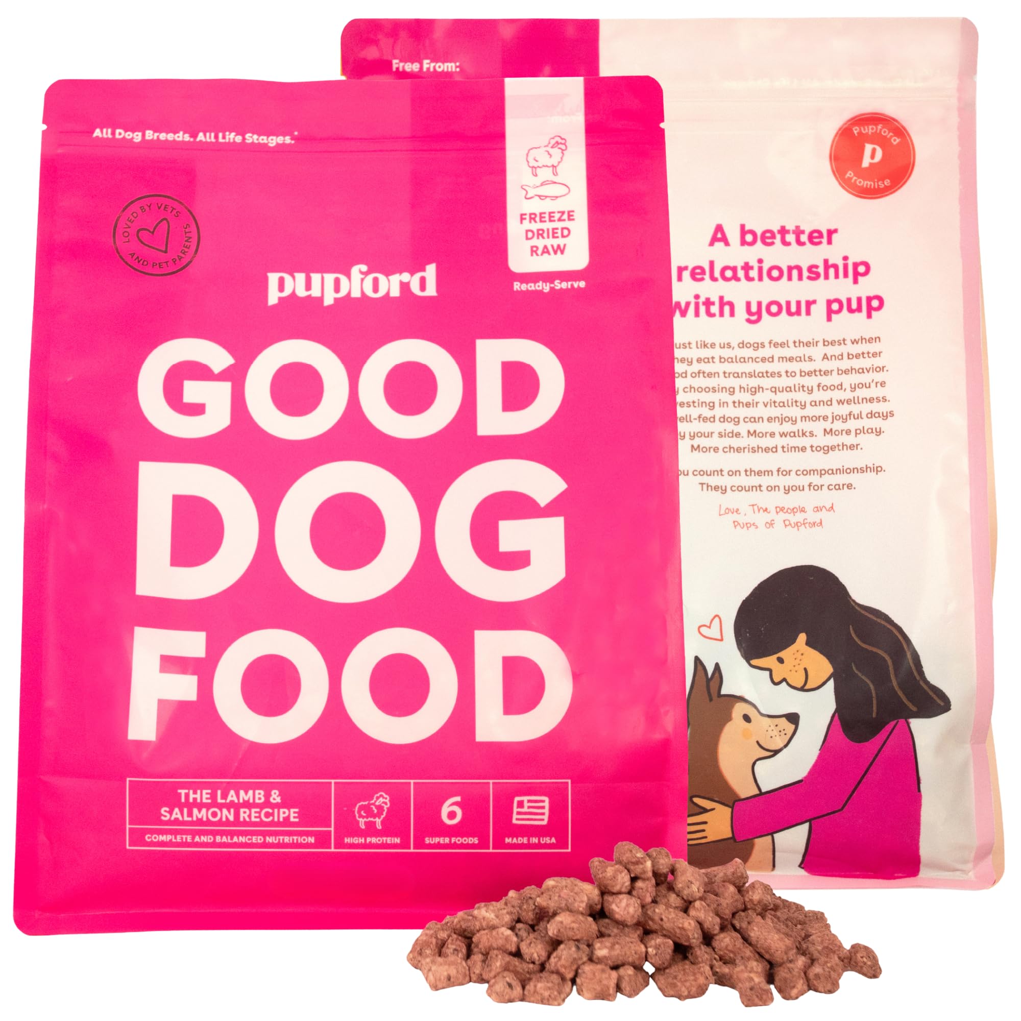 Pupford alimento para perros croquetas secas con cordero y salmón para energía diaria.