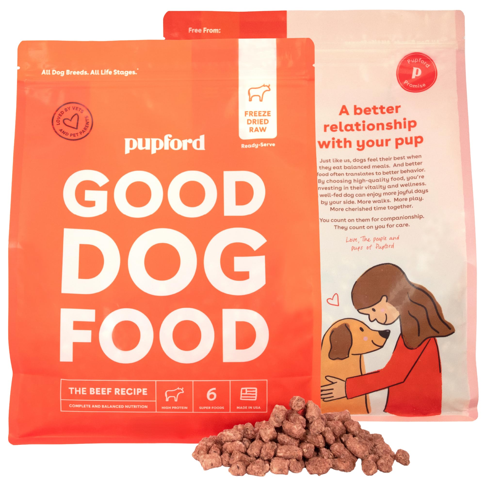 Pupford: comida para perros bien entrenados, receta de res liofilizada, lista para servir.