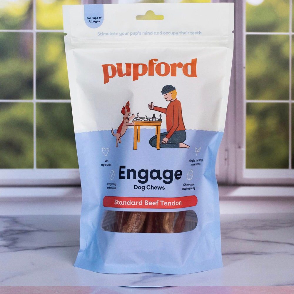 Pupford ingrediente único: tendón de ternera sin aditivos para snack sencillo.