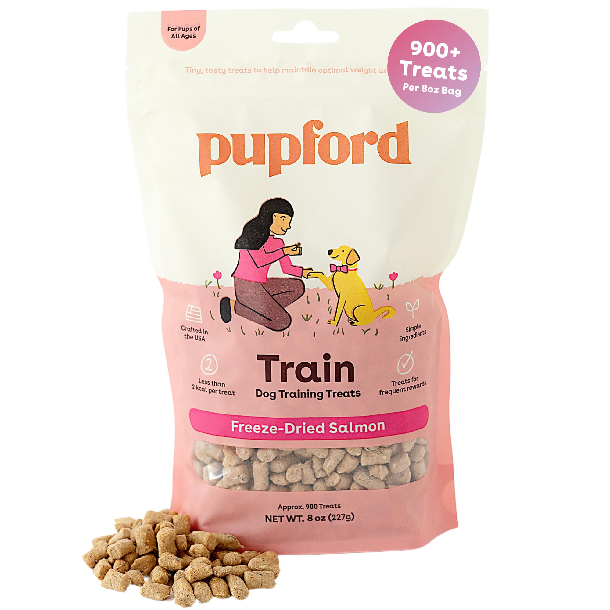 Premios de entrenamiento Pupford con salmón en bolsa, ideales para recompensas durante la sesión.