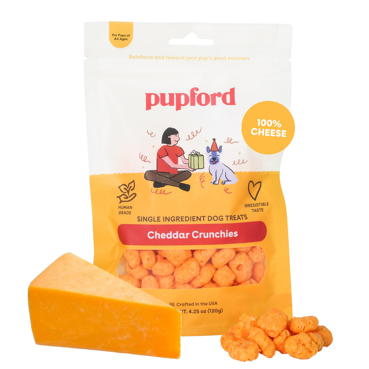 Pupford Queso Crujiente en envase, recompensa sabrosa para perros.
