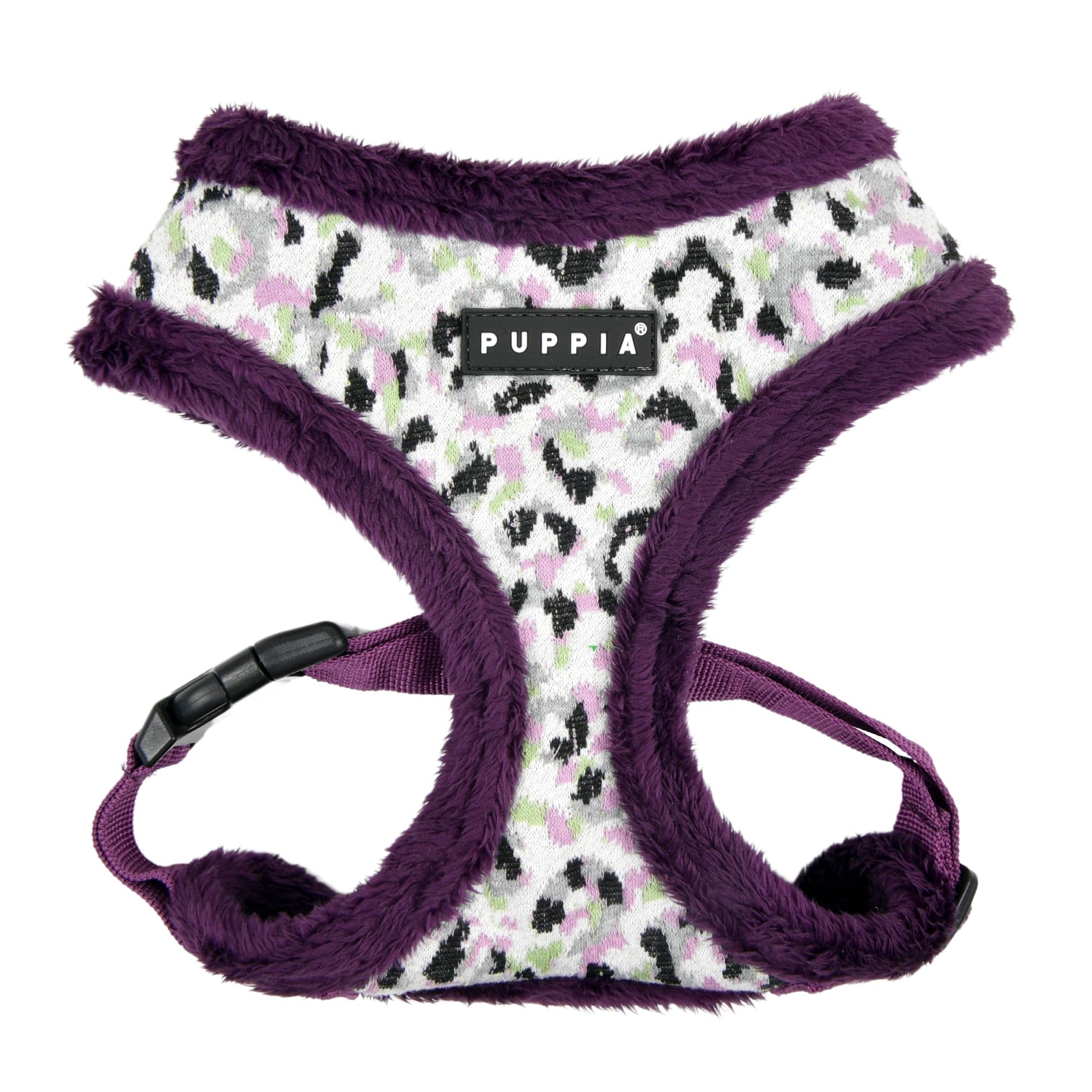 Puppia Huxley arnés para perro con estampado leopardado morado, ideal para paseos invernales.