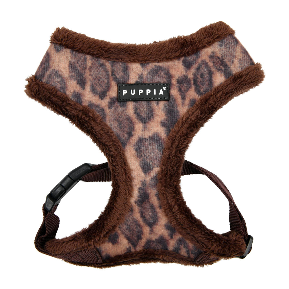 Arnés Puppia Kovo sobre la cabeza con patrón leopardo, cómodo para paseos diarios.