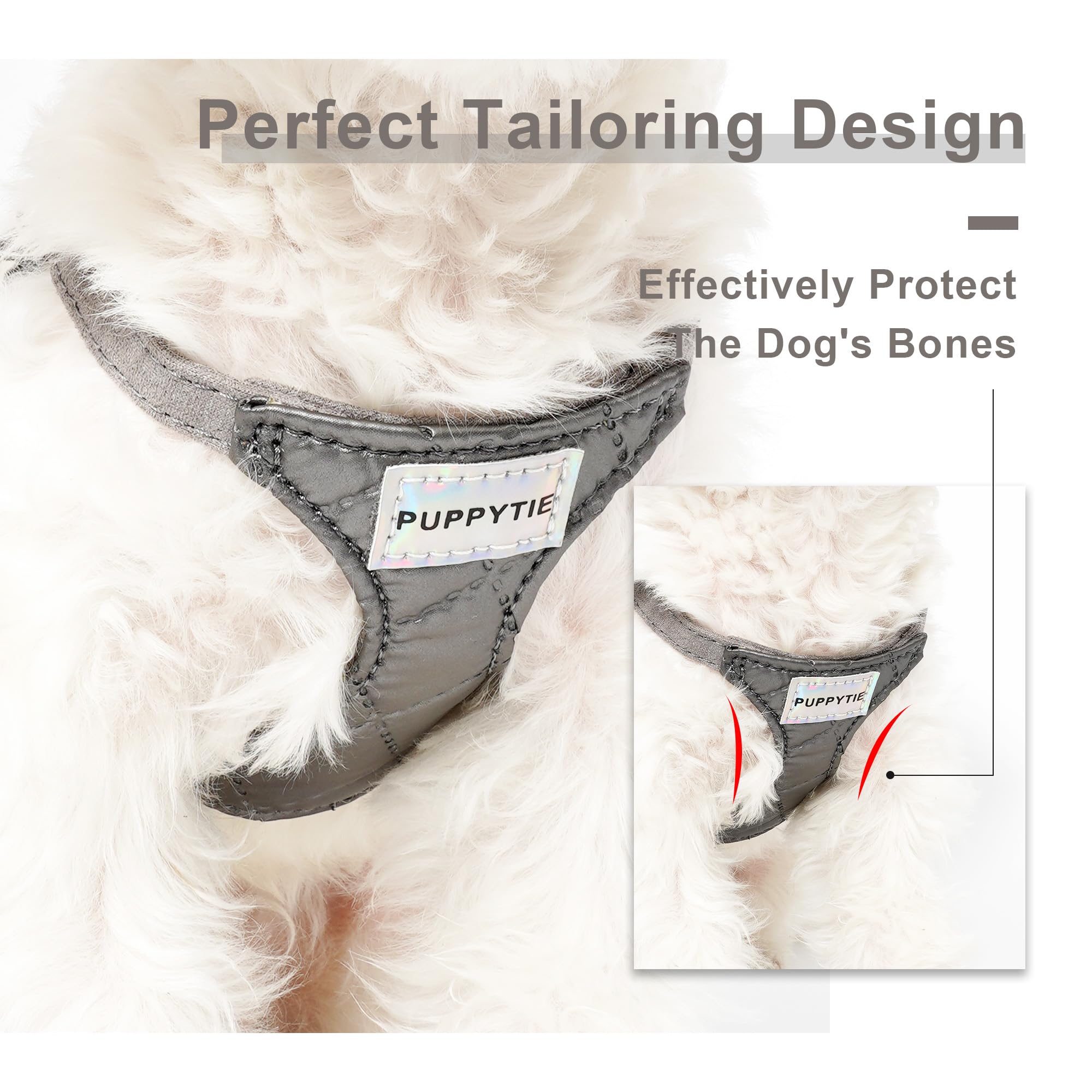 Arnés Puppytie visto de perfil, ajuste seguro para paseos.