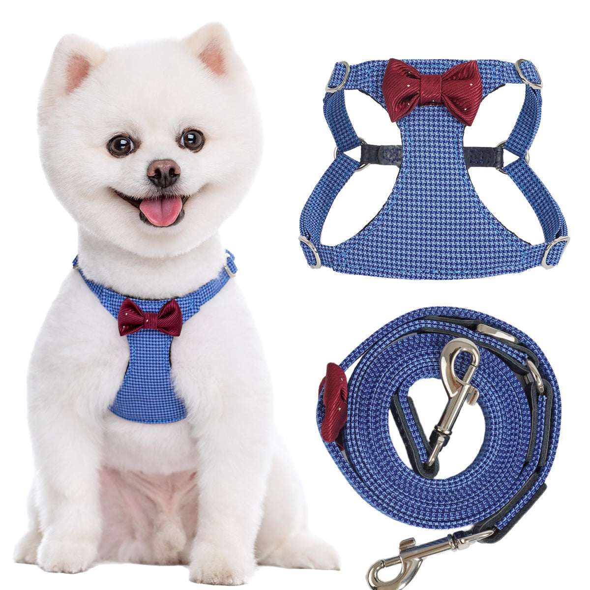 Arnés Puppytie con cuadros azules, cómodo para perros pequeños.