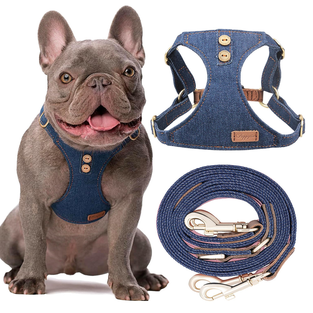 Puppytie arnés sin tirones denim azul para paseos más suaves.