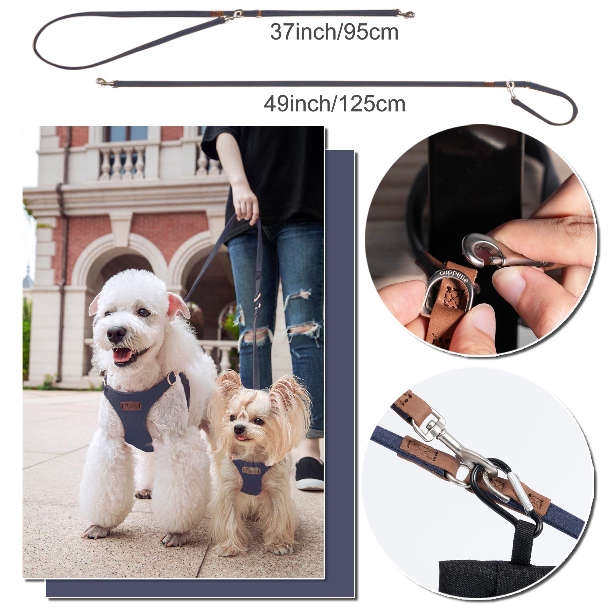 Puppytie No Pull XS, detalle de lazo de gamuza navy para estilo y seguridad.